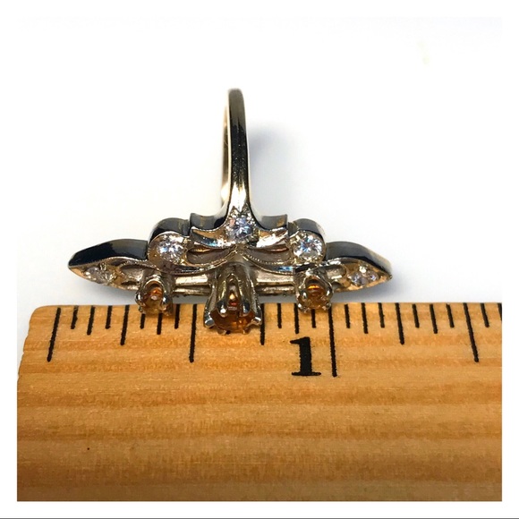 14KT GENUINE 1910’S EDWARDIAN HEAVY DIAMOND & CITRINE ANTIQUE NAVETTE RING - Picture 9 of 11